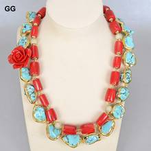 GuaiGuai Jewelry 2 Strands Red Corals Green Turquoises Flower Necklace Cubic Zirconia Pave Clasp 21" For Women 2024 - buy cheap