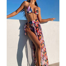 Colorful Female Swimsuit 2021 Sexy Bikini Women Swimwear Three-pieces Bikini set Long Cover Ups Dress Padded Bathing Suit Swim 2024 - buy cheap