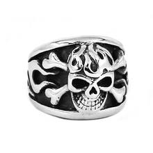 Bones Flame Skull Ring Stainless Steel Jewelry Gothic Pirate Skull Biker Mens Rings Wholesale SWR0610 2024 - buy cheap