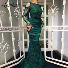 Green Beaded Evening Dresses Mermaid With Long Sleeves Arabic Dubai Open Back Wedding Party Gowns Celebrity Prom Dress 2019 New 2024 - buy cheap