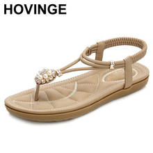 Hovinge elegante feminino casual salto plano bohemia sandálias cordão pérola strass sandálias de cristal 2024 - compre barato