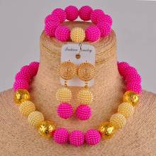 Conjunto de joias estilo africano, nas cores rosa e dourado, com pérolas simuladas e colar africano, contas de casamento nigerianas zz10 2024 - compre barato