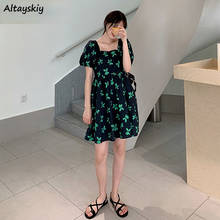 Dress Women Korean Style Summer Knee-length Sweet Ball Gown Popular Empire Puff Sleeve Floral Chic Square Collar Loose Female 2024 - buy cheap