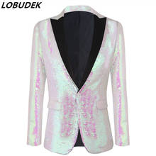 Chaqueta de lentejuelas brillantes con cuello esmoquin para hombre, esmoquin de moda para novio, boda, Bar, Club, cantante, traje de escenario, abrigo, color blanco y rosa 2024 - compra barato