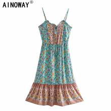 Vintage Chic Boho Women Floral Print Sleeveless Beach Bohemian Midi Dresses Ladies V-neck Button Rayon Cotton Dress Robe 2024 - buy cheap