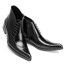 Bela bota bico fino masculina de motocicleta, botas curtas de couro genuíno com cadarço, formal, para negócios, botas masculinas com zíper 2024 - compre barato