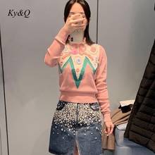 2020 Spring New Women Vintage Pullover Pink Ruffled Collar Floral Embroidery Beaded Brand Design Luxury Sweater Clothes 2024 - buy cheap