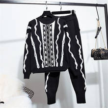 Winter Women Set Fashion Sequin Embroidery Pattern Long Sleeve Sweater Tops + Small feet Pants Knitted tracksuit Two Piece Set 2024 - buy cheap