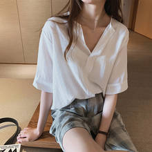 Blusa feminina de linho e algodão com decote em v, camisa de manga curta para mulheres, plus size 4xl, verão, 2021 2024 - compre barato