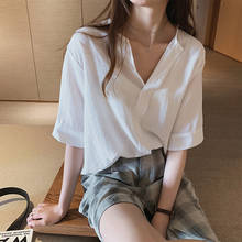 2021 Summer Woman Top blusa V-neck Cotton Linen Blouse Women Shirt Short Sleeve Womens Tops and Blouses Ladies Plus Size 4xl 2024 - buy cheap