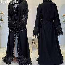 Высококачественные черные открытые Абая кружевной кардиган с Бисером Дубай кимоно Исламская одежда мусульманское платье Макси Вечерние платье Турецкий Платье-туника 2024 - купить недорого