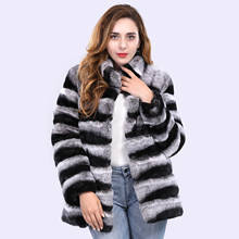 New Winter Women real rex rabbit fur jacket pocket striped thick warm real fur coats chinchilla color fur overcoat customized 2024 - buy cheap