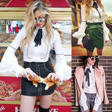 Women Fashion Long Lantern Sleeve Button Shirt Lady Girl Work Office Solid Color Bow Lace Up Neck Shirts Formal White Blouse 2024 - buy cheap