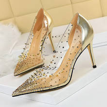 2021 Summer Fashion Women Transparent Studded 8.5cm High Heels Pumps Designer Crysatl Silver Gold Heels Lady Wedding Party Shoes 2024 - buy cheap