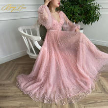 Berylove розовый бисером платья для выпускного с жемчугом тюлевые вечерние свободное платье А-силуэта, v-образная горловина, вечернее платье из атласа с длинным рукавом и поясом, вечерние платья для девочек 2024 - купить недорого