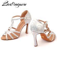 Ladingwu Hot Latin Dance Shoes Women For Silver grey Satin Dance Shoes Salsa Girls For Shine Rhinestone Ballroom Dance Shoes 2022 - buy cheap