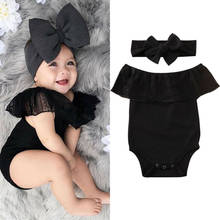 Newborn Baby Girl Clothes Set Kids Lace Black Off Shoulder Bodysuit Headband Summer Infant Baby Girls Outfit 2024 - buy cheap