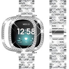 Correia para fitbit sense/versa 3, pulseira com estojo feminino, faixas de cristal + capa amortecedora para fitbit sense versa3 2024 - compre barato