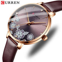 Curren marca de luxo relógio feminino com flor dial quartzo pulseira couro relógio de pulso para senhoras elegante natal presente do feriado 9068 2024 - compre barato