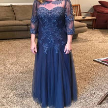 Vestidos de mãe da noiva azul, linha a com mangas 3/4, apliques de tule, noivo longo com contas, plus size, para casamentos 2024 - compre barato