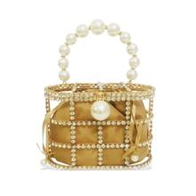 Bolso de lujo con asa de perlas huecas para mujer, bolsa de cubo con diamantes de imitación, jaula de cristal, para fiesta de boda, color dorado 2024 - compra barato