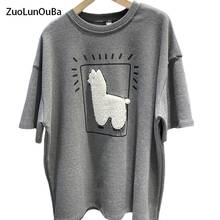 ZuoLunOuBa Summer Fashion Sanding Women T Shirt Embroidery Harajuku Cartoon Cute Alpaca Tees Loose Middle Sleeve Tops Female 2024 - buy cheap