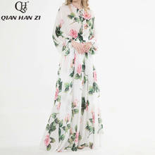 Qian Han Zi fashion runway Maxi dress Women's Lantern Sleeve Rose Print Long Dress White elegant summer beach Floor-Length dress 2024 - buy cheap