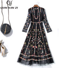 Qian han zi vestido designer primavera verão, vestido longo bordado de malha manga comprida, vestido vintage preto slim para festa 2024 - compre barato