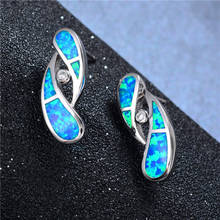 Cute Female Blue Fire Opal Earrings Boho Small Silver Color Leaf Stud Earrings Vintage Infinity Wedding Earrings For Women 2024 - buy cheap