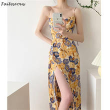 2021 Trend Fashion Women Floral Strap Dress Summer New French Slit Long Dress Vintage Square Collar Sleeveless Dresses 2024 - buy cheap