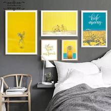 Carteles de paisaje de primavera para decoración del hogar, pintura en lienzo con temática de amarillo nórdico, arte de pared, cita, letras impresas, imagen para sala de estar 2024 - compra barato