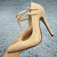 Sexy Beige Patent Pumps High Heel Dress Party Women Pumps Spring Summer New Pointed Toe Buckle T-Strap Stiletto 12cm Heels 2024 - buy cheap