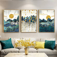 Arte abstrata nórdica para parede, paisagem de montanha, pintura em tela, sol dourado, poster artístico, impresso para sala de estar 2024 - compre barato