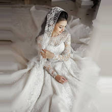 Элегантные белые кружевные свадебные платья с длинным рукавом, свадебные платья с цветами в блестящем Дубае, Пышное Бальное Платье 2024 - купить недорого