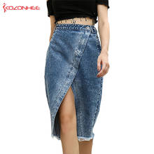 Saias de jeans assimétricas, saia lápis de cintura alta com divisão na altura do joelho para mulheres #73 2024 - compre barato