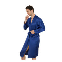 Синий китайский мужской шелковый халат из вискозы летняя повседневная одежда для сна с v-образным вырезом кимоно, юката, банный халат Размер M L XL XXL 2024 - купить недорого