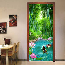 Pvc Self-Adhesive Waterproof 3D Door Sticker Bamboo Forest Lotus Pond Wallpaper 3D Door Mural Living Room Bedroom Home Decor 2024 - buy cheap