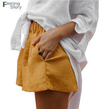 2020 Summer New Women's Cotton Linen Shorts Solid Elastic Waist Loose Casual Shorts Yellow Soft High Waisted Shorts For Women 2024 - buy cheap