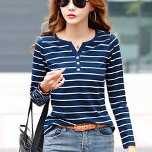 Camiseta feminina de algodão de manga comprida, blusa feminina listrada com decote v plus size 5xl 2024 - compre barato