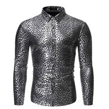 Camisa smoking masculina com botão de corte justo 2021, camisa de manga longa com estampa de leopardo e prata, camisa para festa de casamento 2024 - compre barato