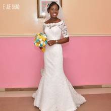 E jue shung-vestido de noiva africano, cauda com decote cavado, meia manga, com rendas, apliques 2024 - compre barato