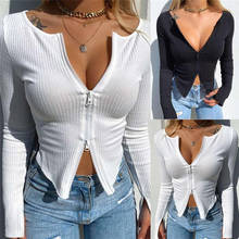 Sexy Deep V Neck Solid Women Blouse Shirts Elegant Rib Knitted Long Sleeve Tops Pullover Autumn Lady Hollow Out Slim Zip Blouses 2024 - buy cheap