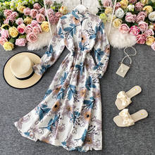 2022 Summer Women's Dress Korean Retro Stand Collar Floral Chiffon Dress New Waist Female Long Sleeve Dresses HH270 2024 - buy cheap