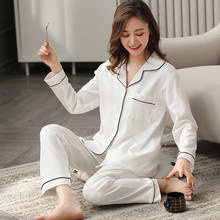 Conjunto feminino liso algodão puro, pijama manga comprida, algodão macio, camisola 2024 - compre barato