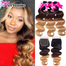 Hermosa Hair T1B/4/27 Ombre Bundles With Closure Human Hair Brazilian Body Wave Bundles With Lace Closure Remy Hair Weave Bundle 2024 - buy cheap