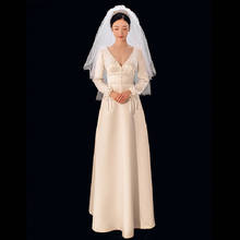 KAUNISSINA Elegant Long Sleeve Wedding Dress Deep V-Neck Buttons Satin A-Line White Simple Bride Dress Floor-Length Wedding Gown 2024 - buy cheap