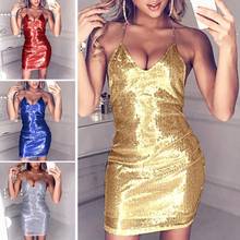 Women Sexy Glitter Sequin Deep V Neck Backless Bodycon Mini Party Dress Clubwear Great for dating events party night club 2024 - buy cheap