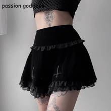 2020 Black Women Velvet Lace Patchwork Mini A Line Skirts Cross Embroidery Gothic Clothes Steampunk High Waist Short Goth Skirts 2024 - buy cheap