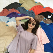 Camiseta com 15 cores sólidas para mulheres, camiseta básica casual, gola redonda, verão, camiseta top coreano, hipster 2024 - compre barato
