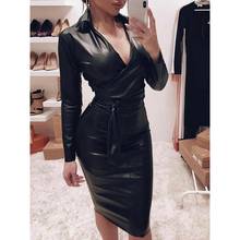 Women Black PU Leather Gothic Midi Dress Sexy Long Sleeve V Neck Party Wrap Shirt Belted Bodycon Fancy Dress Costume 2024 - buy cheap